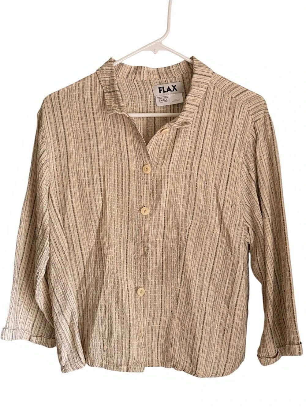 Flax Womens Linen Blouse Button Down Lightweight Minimalist Beige Stripe Sz S